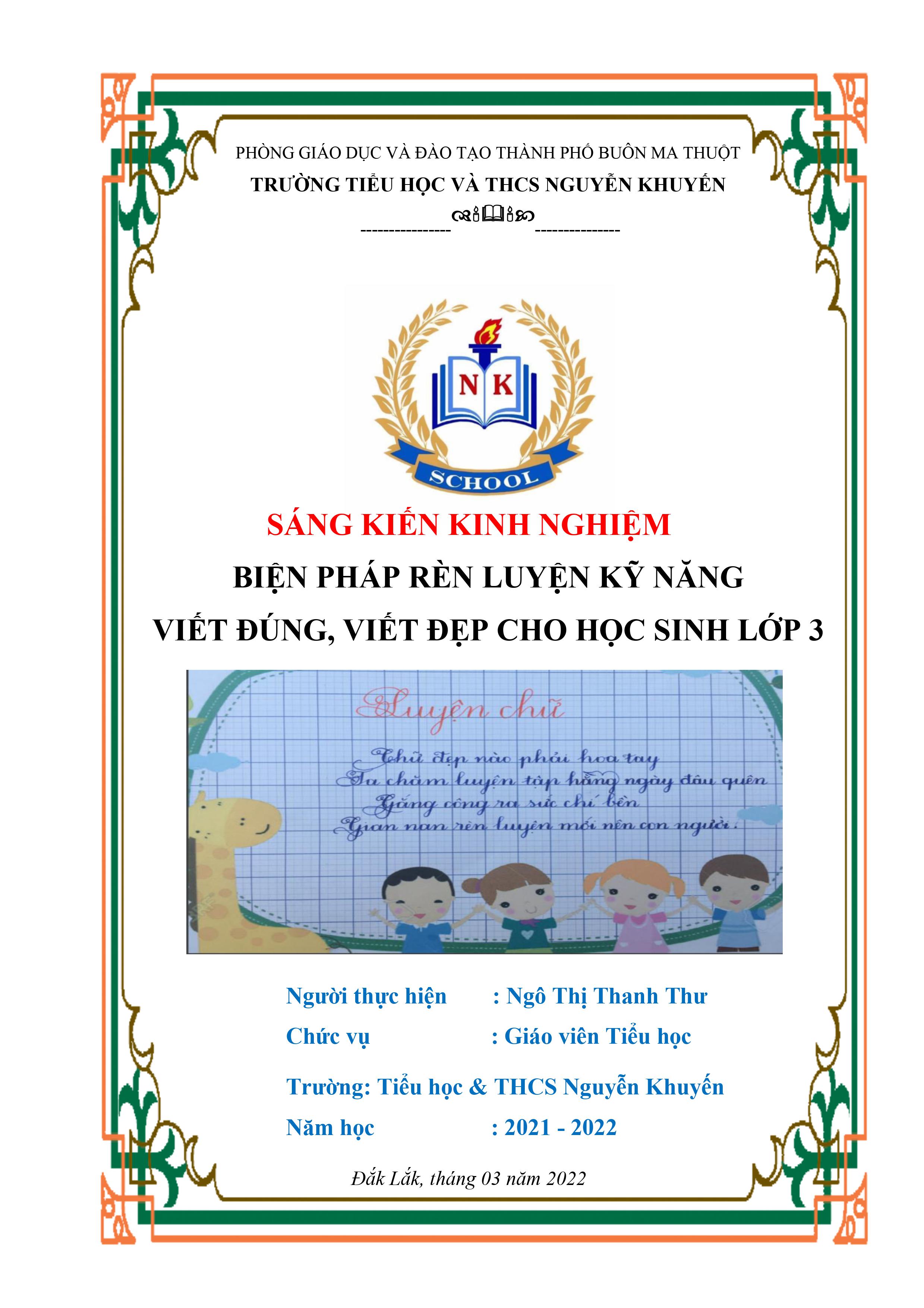 Biện pháp rèn luyện kỹ năng viết đúng, viết đẹp cho học sinh lớp 3 trường Tiểu học và Trung học cơ sở Nguyễn Khuyến.